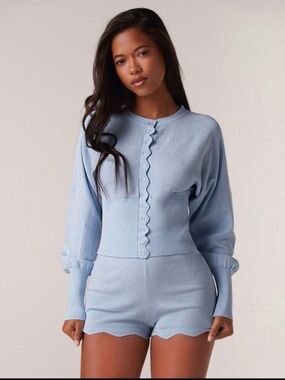 SHEIN Light Blue Scallop Trim Knit Top & Shorts Set